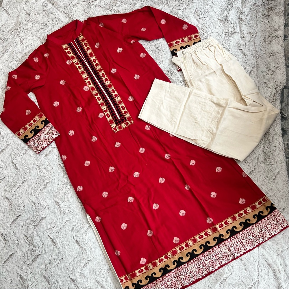 Pakistani Indian Two Piece Shalwar Kameez Suit Set Red Embroidered Collar Shirt